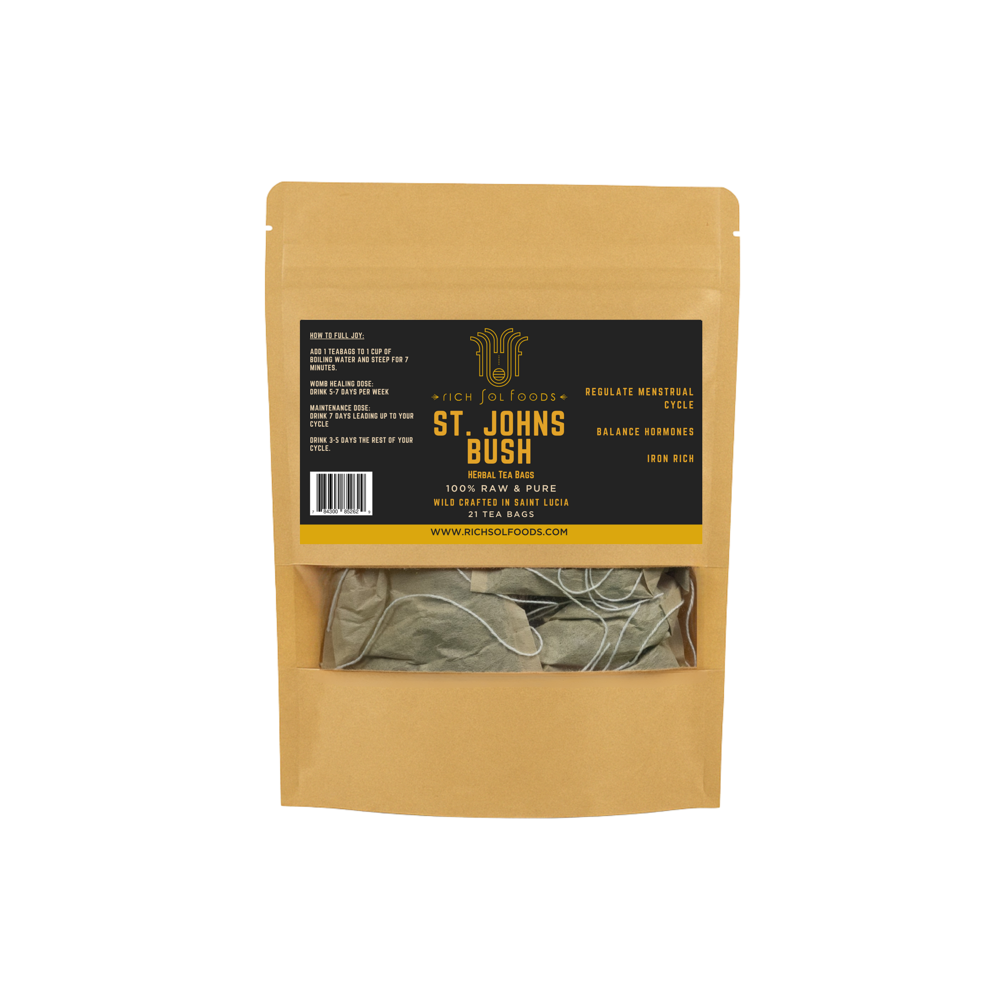 Brown package with a label for 'St. John's Bush' on a white background