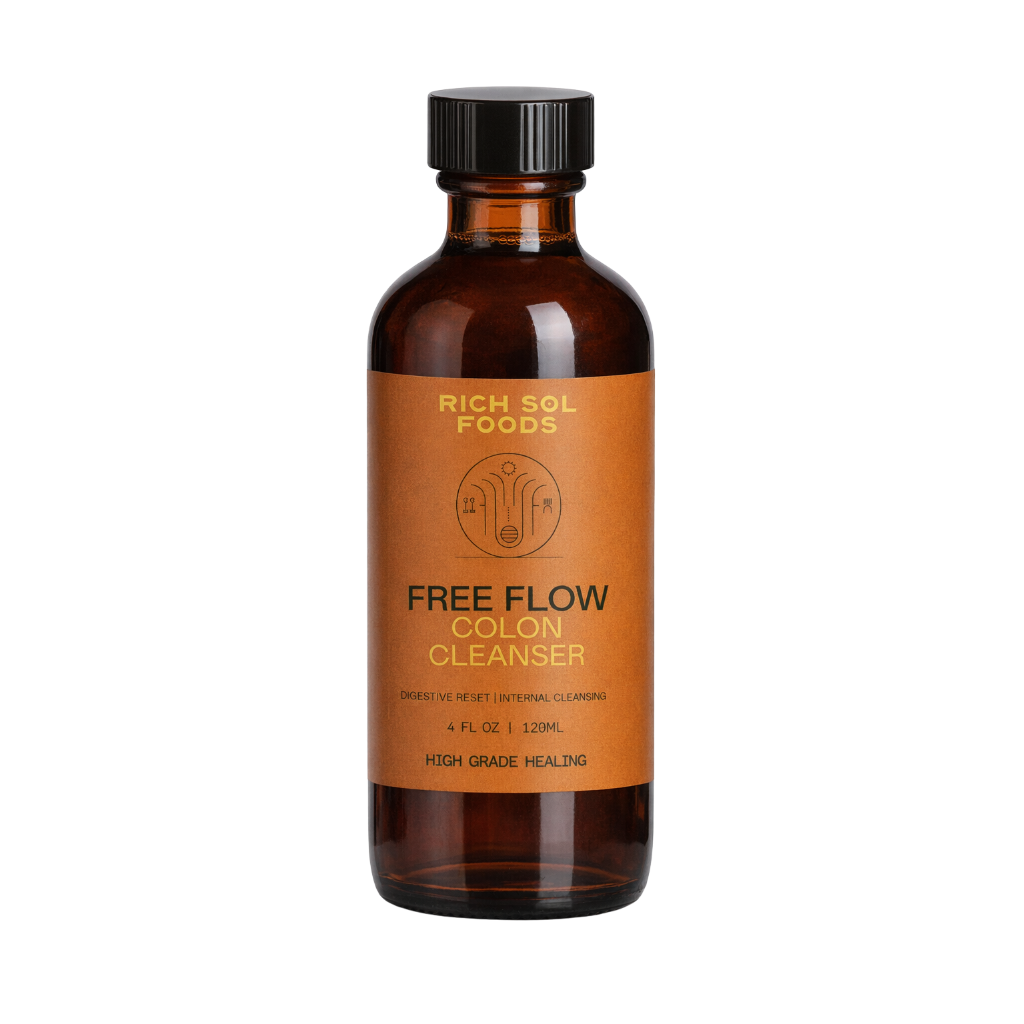 Brown bottle of Rich Sol Foods Free Flow Colon Cleanser on a white background