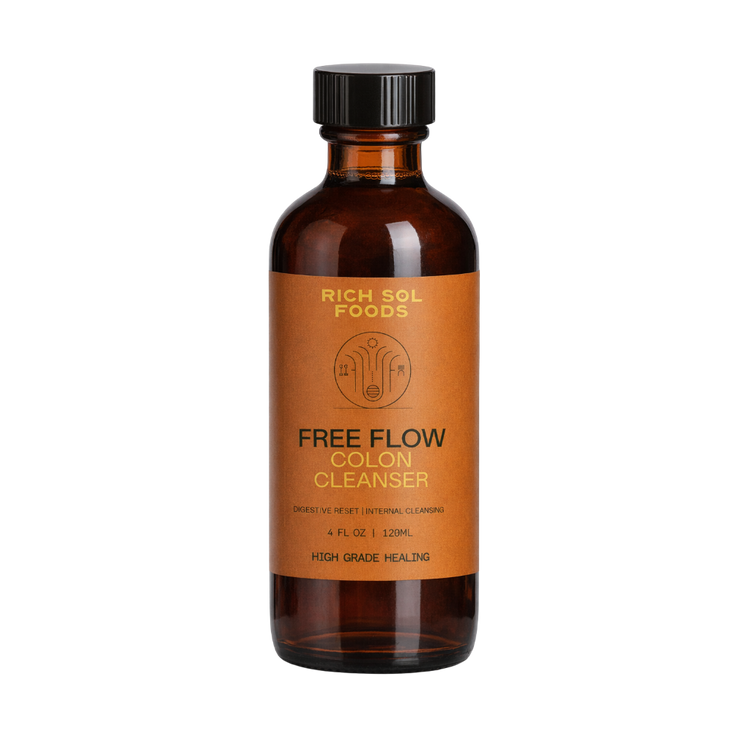 Brown bottle of Rich Sol Foods Free Flow Colon Cleanser on a white background