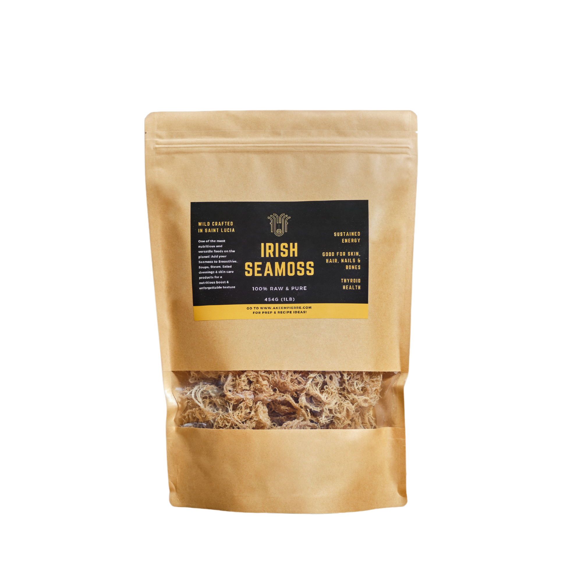 A package of Irish sea moss, sun-dried and packaged in a clear bag with a label showing the product name and benefits.