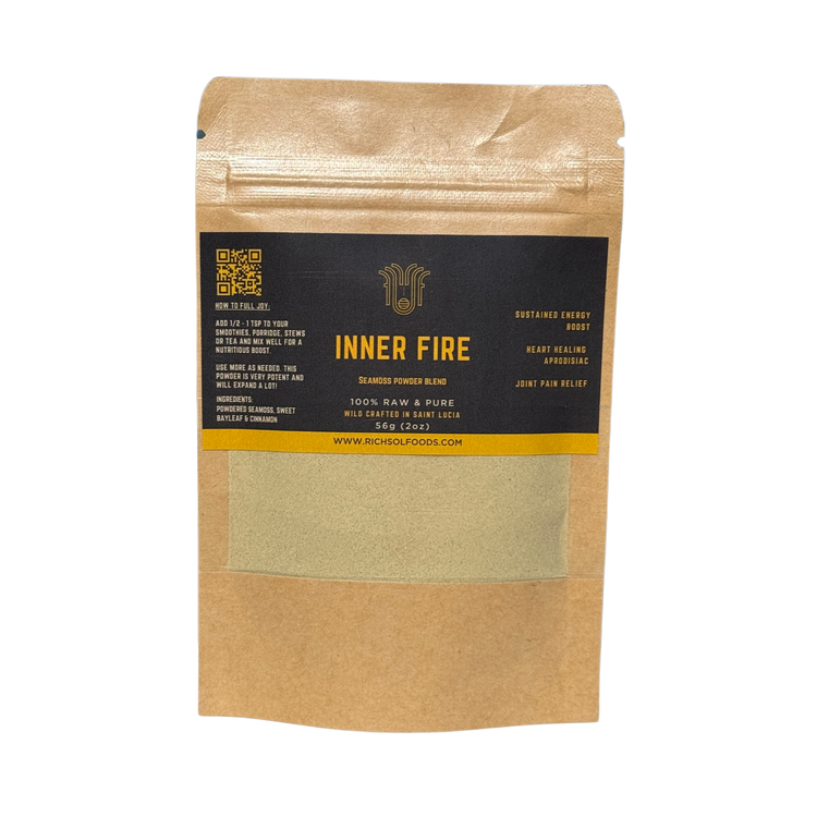 A packaged product labeled 'INNER FIRE' containing Seamoss Powder Blend, presented in a clear fronted brown bag with a black and yellow label.