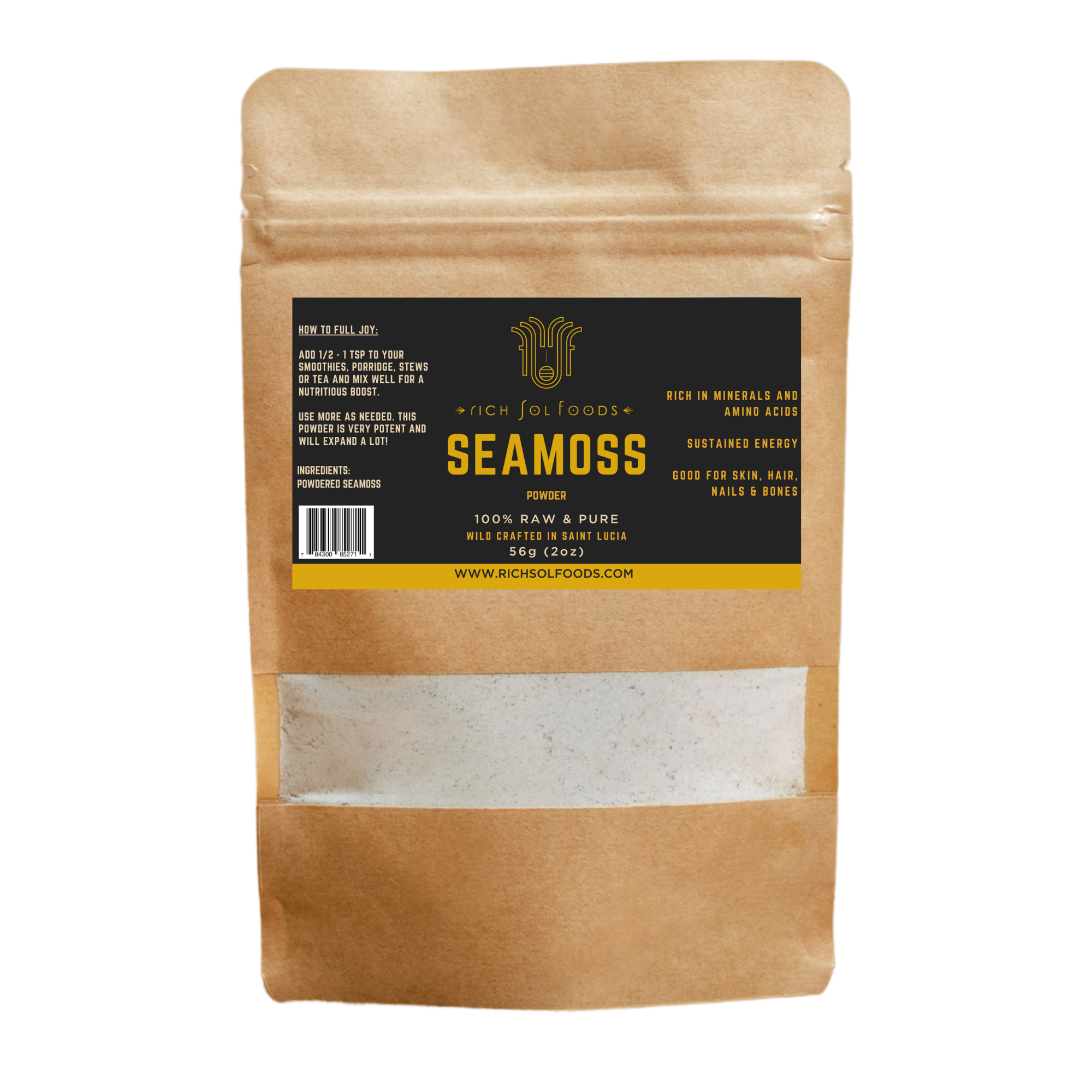 Kraft paper package of Rich Fox Foods Seamus with a black label on a white background