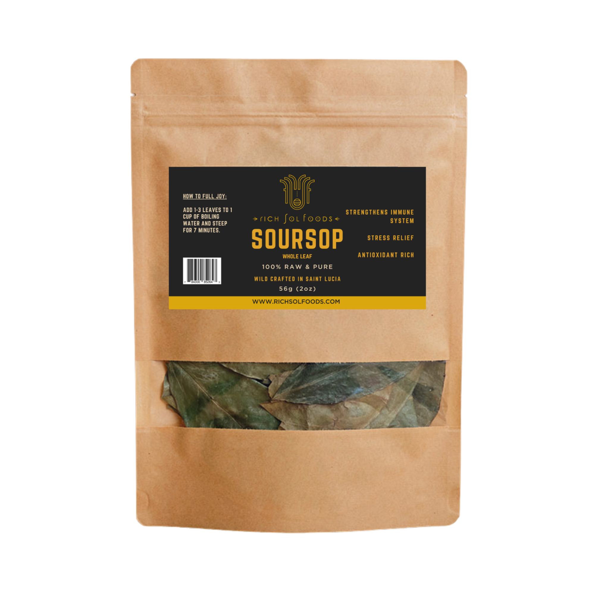 Kraft paper package of soursop leaves with a black label on a white background