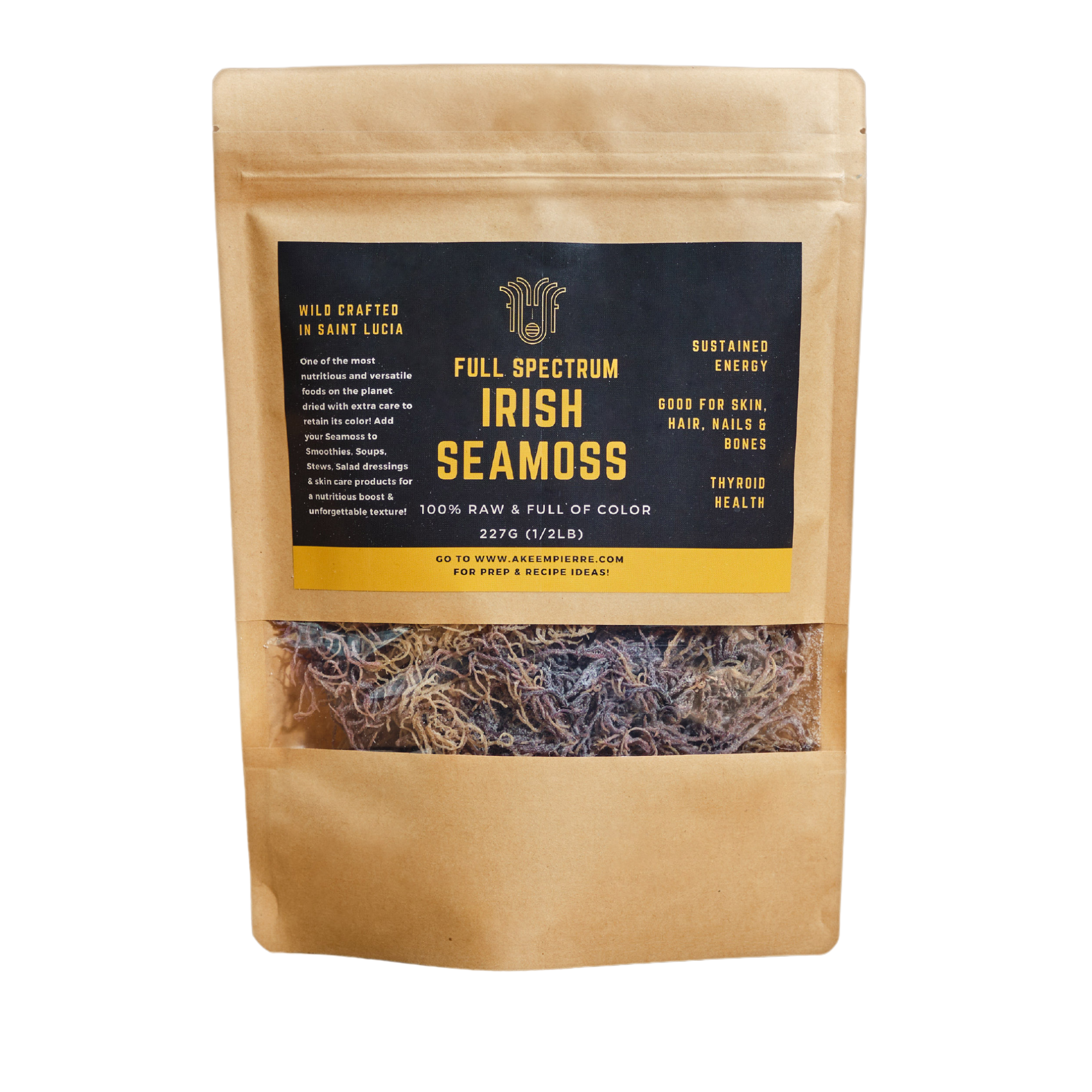 A pouch of Full Spectrum Irish Sea moss showing various colors including purple, gold, red, and green, and labeled as 100% natural and organic, shade-dried, and containing no preservatives.