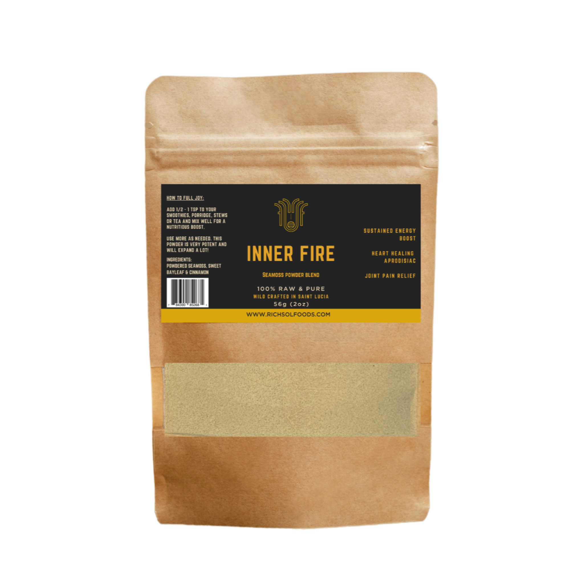 Wooden packaging with a label for 'Inner Fire' on a white background